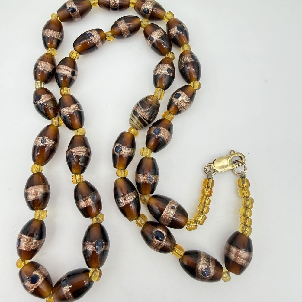 Vintage Art Glass Beaded Necklace Murano Style Foil Beads 14k Gold Filled Clasp